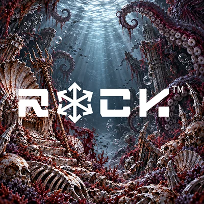 Deep Blue Sea raised UV label artwork: a sunken wreck with octopus tentacles, shells and coral under rays of light