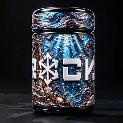 Deep Blue Sea raised UV wrap label on a black jar