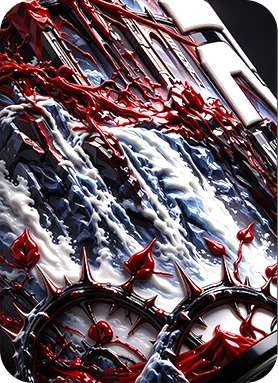 Raised UV close-up: glossy red and white waterfall artwork with thorned clock gears standing up off the label