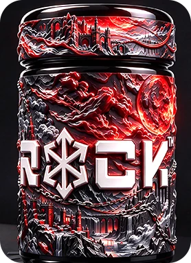 Front of a black jar wrapped in a red and black raised UV castle label