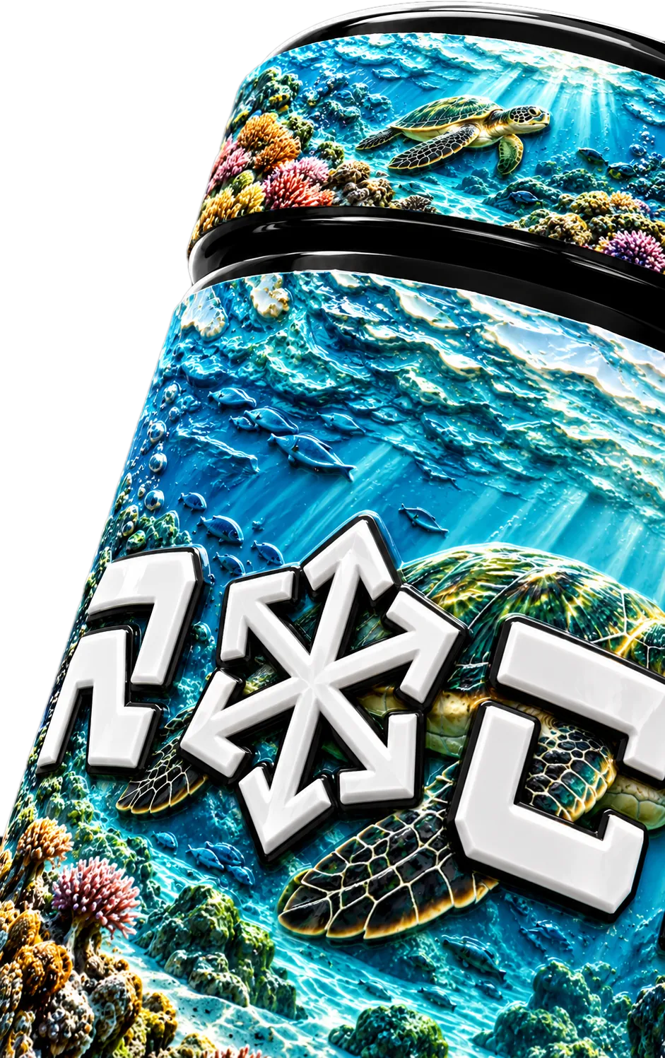 Blue Sea Turtles raised UV wrap label sample on a jar: sea turtles swimming over a coral reef