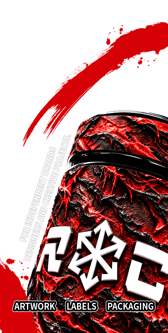 Red and black sculptural label artwork on a jar, with red brush accents