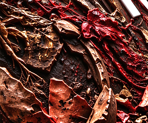 Red and bronze raised artwork detail