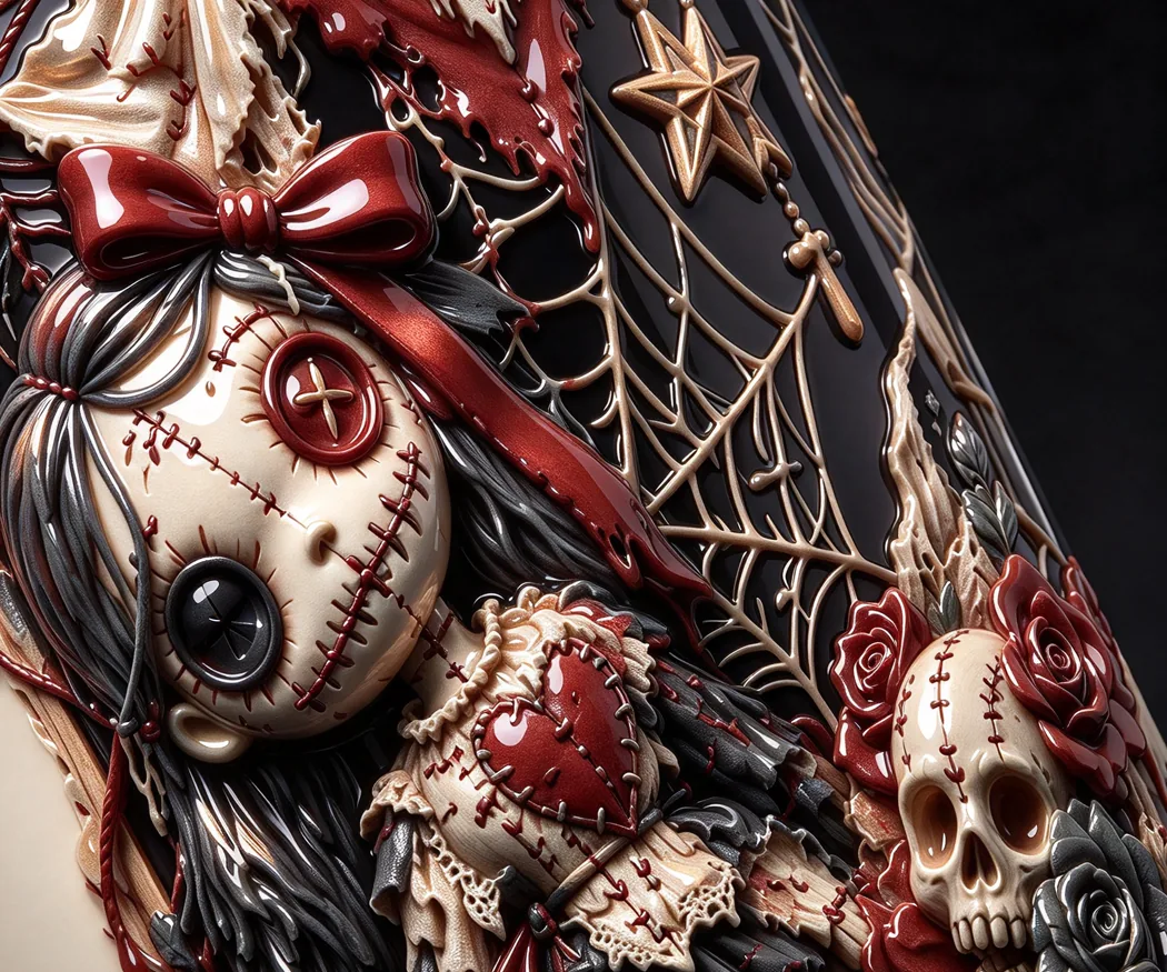 Raised UV close-up: a glossy stitched doll with a red bow, a skull and roses standing up off the label
