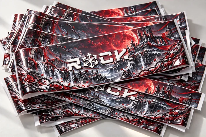 A stack of printed raised UV wrap labels with red and black castle artwork, ready to apply