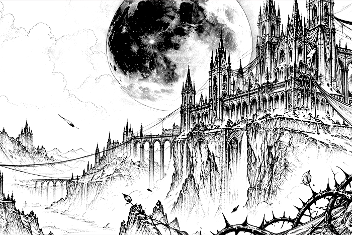 Black and white Bloodmoon Thornspire castle concept sketch