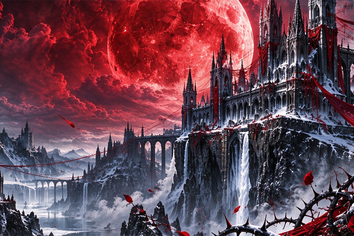 Completed crimson moon and frost white castle artwork