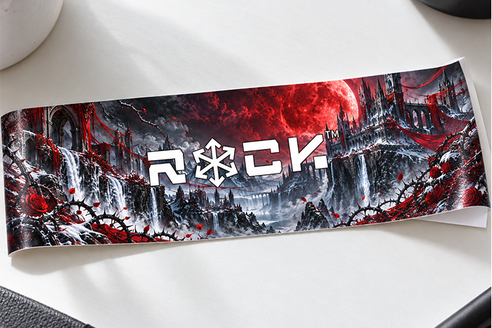 Printed Bloodmoon Thornspire wrap label on a white desk